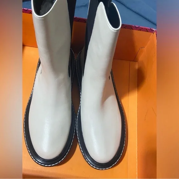 Tory Burch Benton Slip on Moto Cream and Black Ankle Boots - Picture 3 of 13